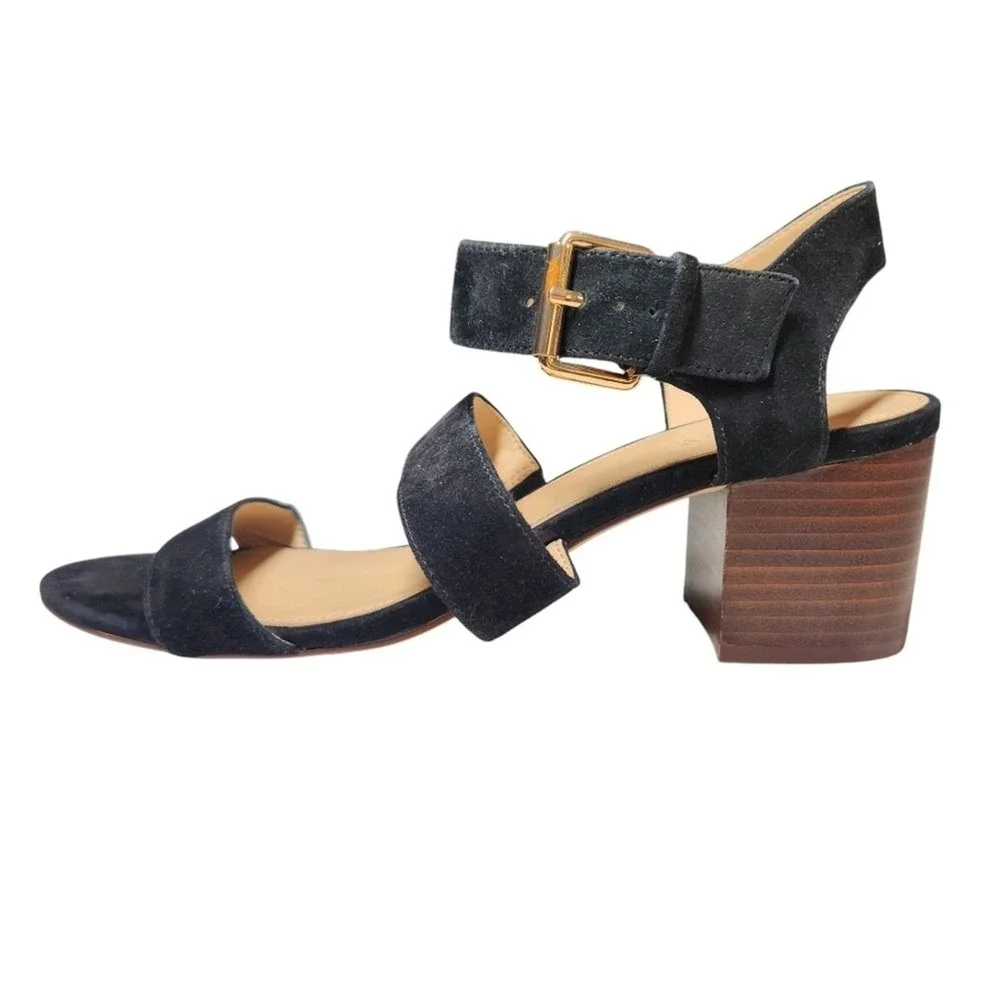 J Crew Three Strap‎ Suede Sandal Block Heel Black Ankle Strap Gold Buckle Prep 9